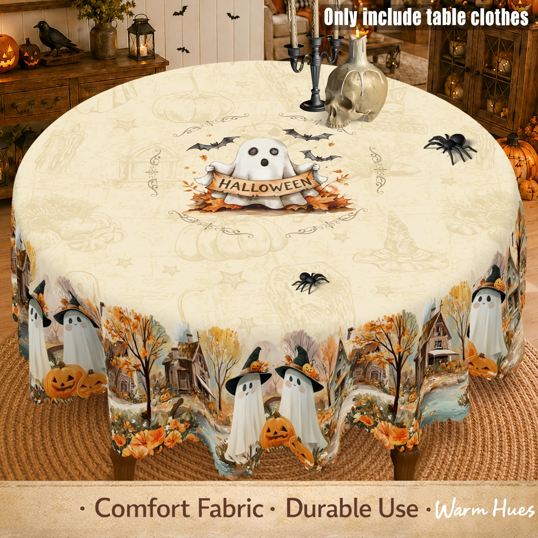 1 piece, cute Halloween ghost tablecloth, featuring a ghost with a witch hat, jack-o'-lantern, and autumn cottage village print
