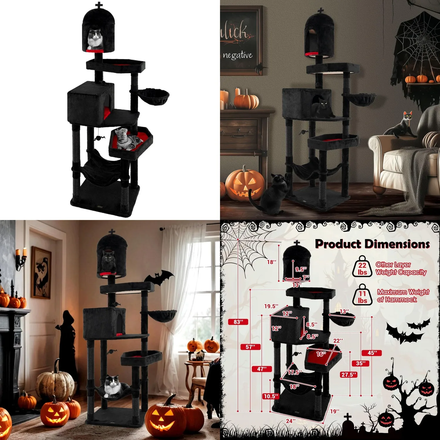

83 Inch Tall Gothic Cat Tree, Multi-Level Halloween Cat Tower with Coffin Beds, Scratching Posts, 2 Cat Condos,, Customized
