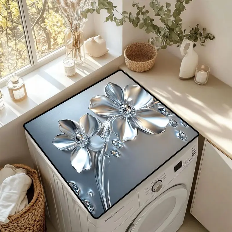 VIKAMA Silver Metallic Bloom Gem Washing Machine Top Mat 3D Chrome Floral Crystal Jewel Black Edge Water Resistant Non Slip Soft