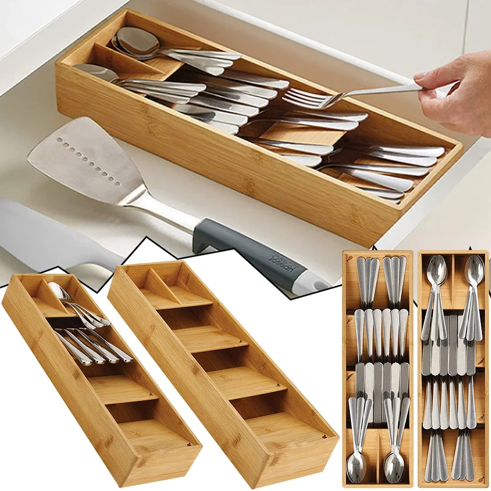 Simple Kitchen Tableware Drawer Organizer for Forks Spoons Utensils Boxes Kitchen Compact Bamboo Expandable Cutlery Drawer Tool