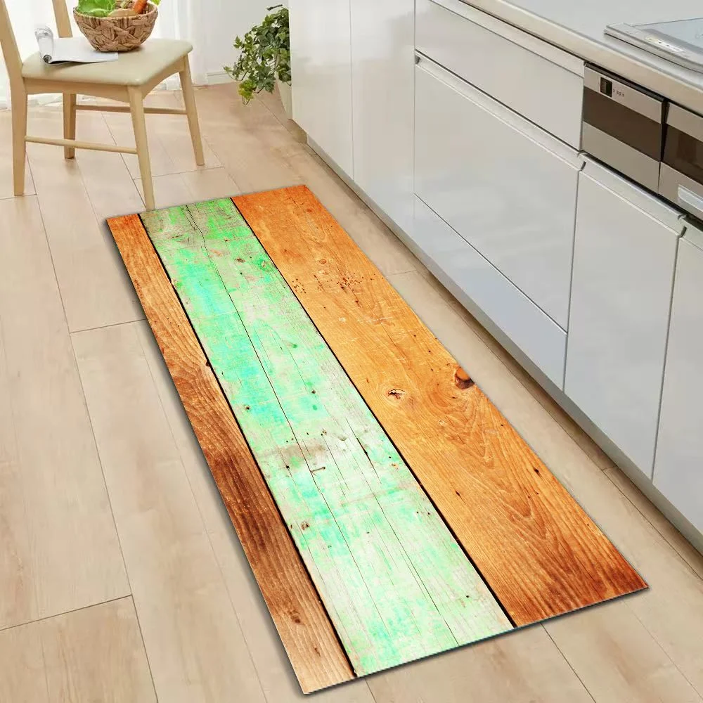 VIKAMA Distressed Green Orange Wood Plank Runner Rug, Weathered Wooden Board Long Hallway Mat Non Slip Washable Entryway Carpet - view 3