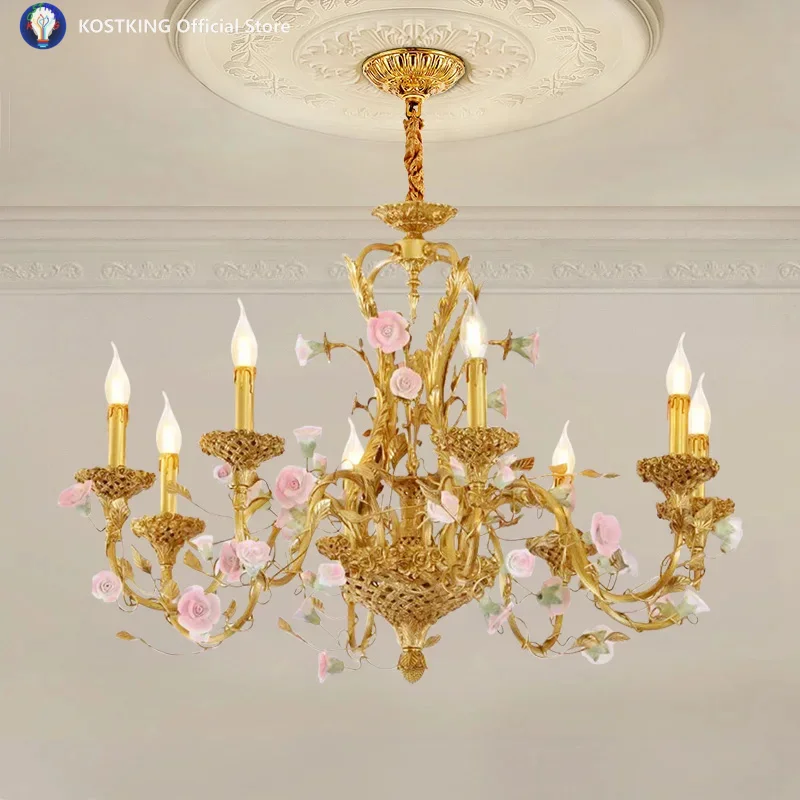 European Golden Copper Pendant Light Wedding Decor Living Dinning Room French Pastoral Brass Ceramic Flowers Chandelier