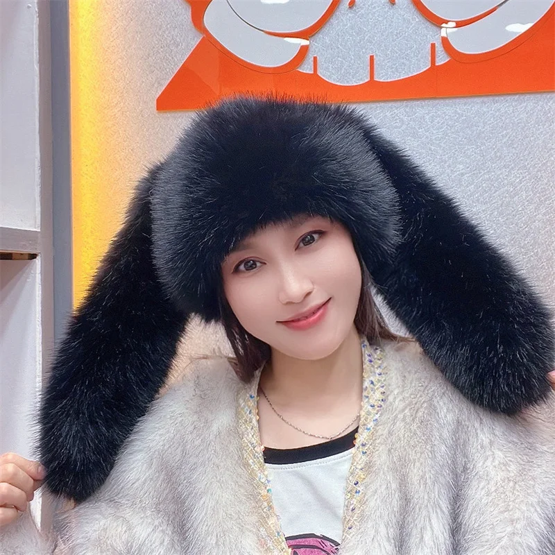 Autumn Winter Women Keep Warm Faux Fox Fur Long Ears Basin Cap Female Fashion Casual Party Music Festival Thickened Bucket Hat