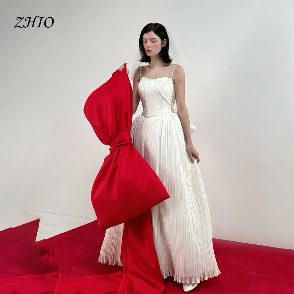 ZHIO Unique Backless Ivory Pleat Wedding Dresses Korea PhotoShoot Spaghetti Strap Floor Length Bridal Gowns Sleeveles Customized