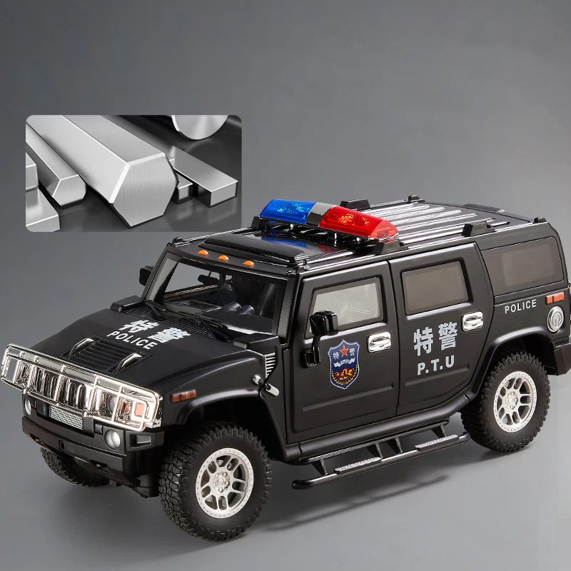 Hum H2mer-Grand modèle SUV de police hors route en alliage moulé sous pression, jouets en métal, haute simulation, son et lumière, nervure arrière, cadeaux pour enfants, renforcement, 1:18