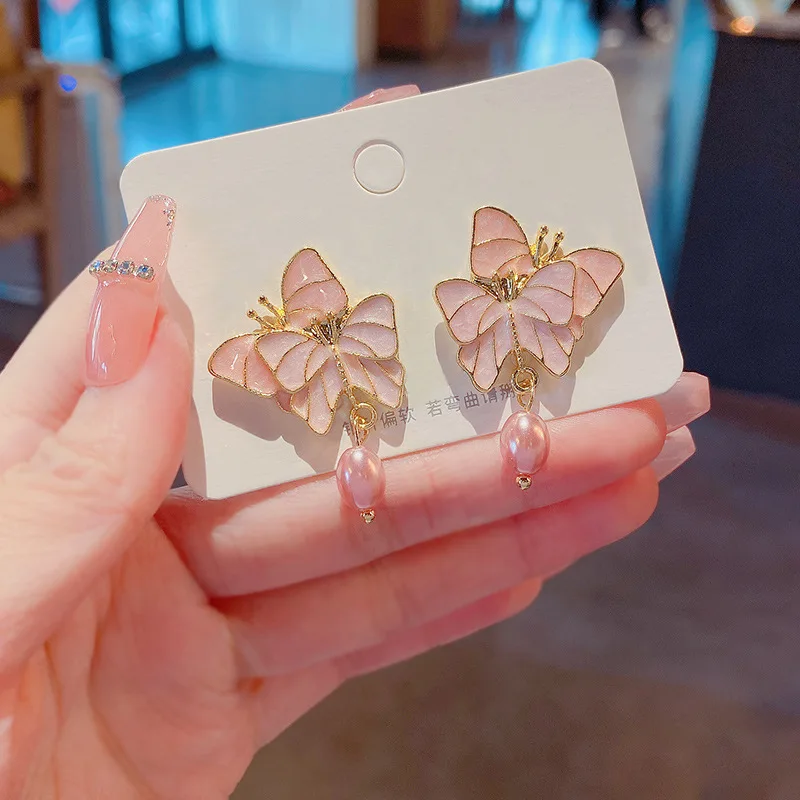 Fashion Cute Pink Double Butterfly Earrings For Women Simple Trend Jewelry Gifts Bride Wedding Elegance Jewelry Accessories