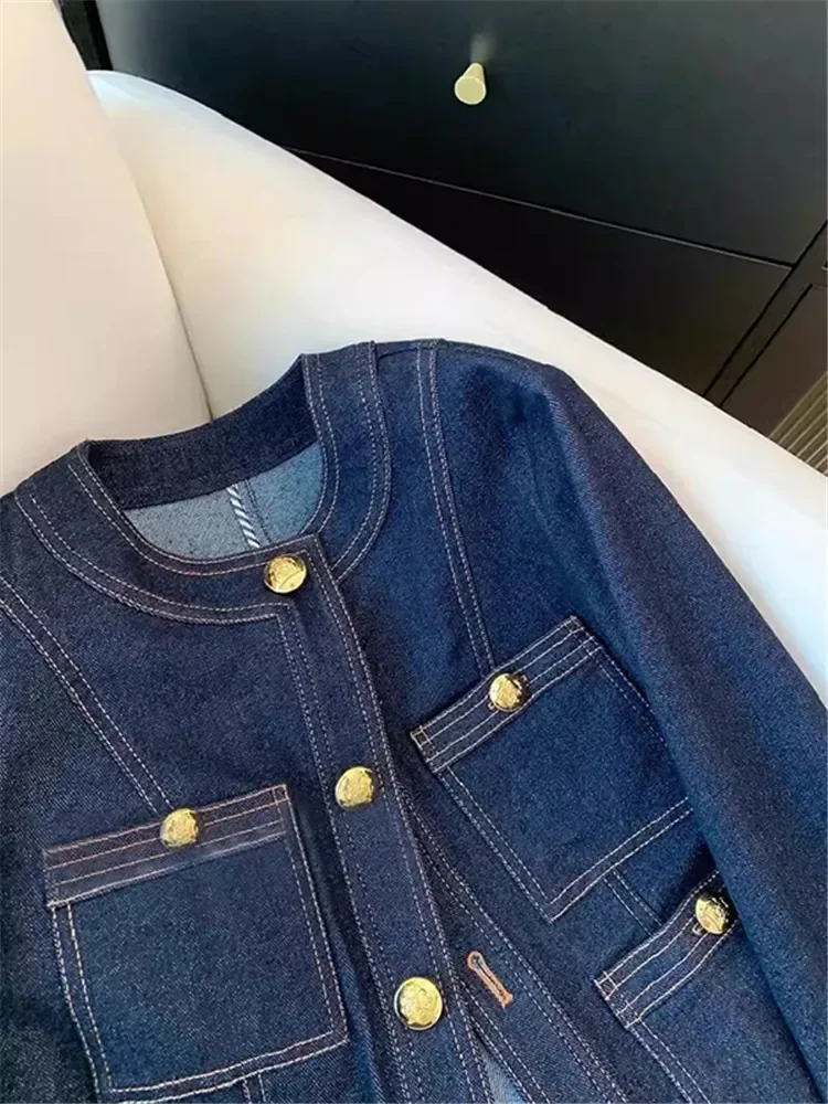 2024 Spring Autumn Vintage Style Casual Blue Elegant Denim Jacket Women\'s Fashion Luxury Style Single Breatsed Simple Jean Coat