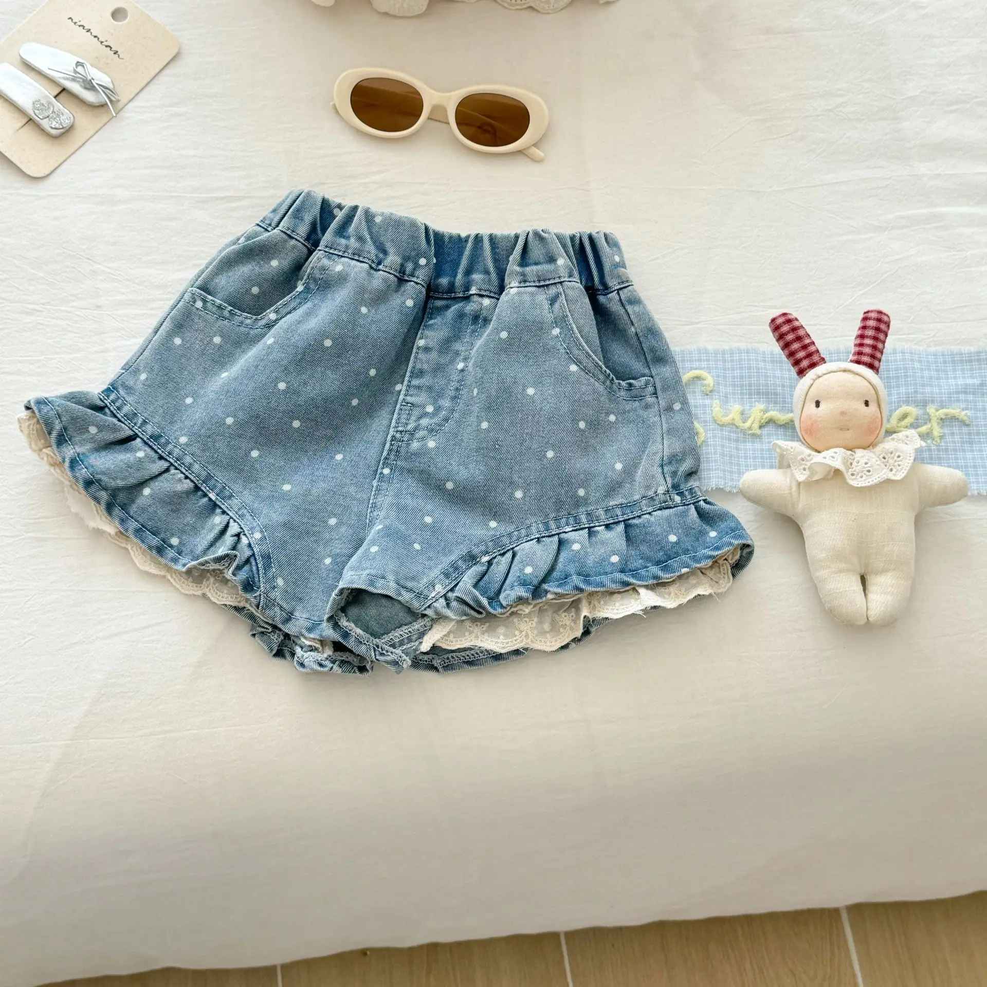 

Cream Denim Shorts for Summer 2025, Thin Baby Girls' Pants, Children's Jeans, Baby Outfits, Stylish Shorts