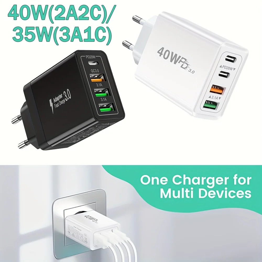 

1pc EU Plug 40W/35W 4 Ports USB Plug Fast Charger Multi Sector PD+QC 3.0+3.1A Type C Adapter for Appliances, iPhone, iPad, Samsu