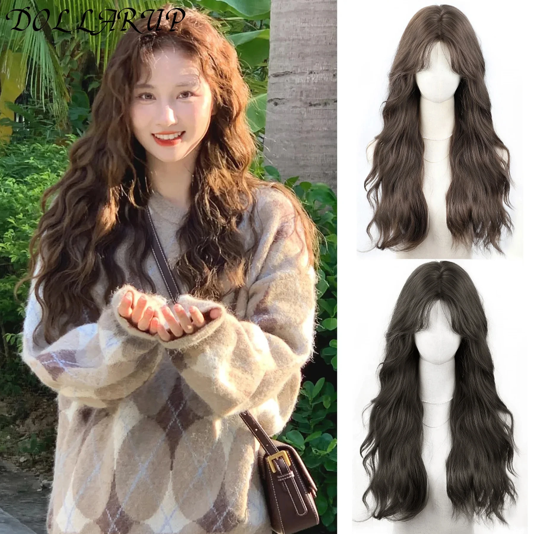 JKL Lace Frontal Wig Brown Synthetic Hair Wig Long Wavy Daily Use Wigs for Black Women Heat Resistant Middle Part Hair Body Wave
