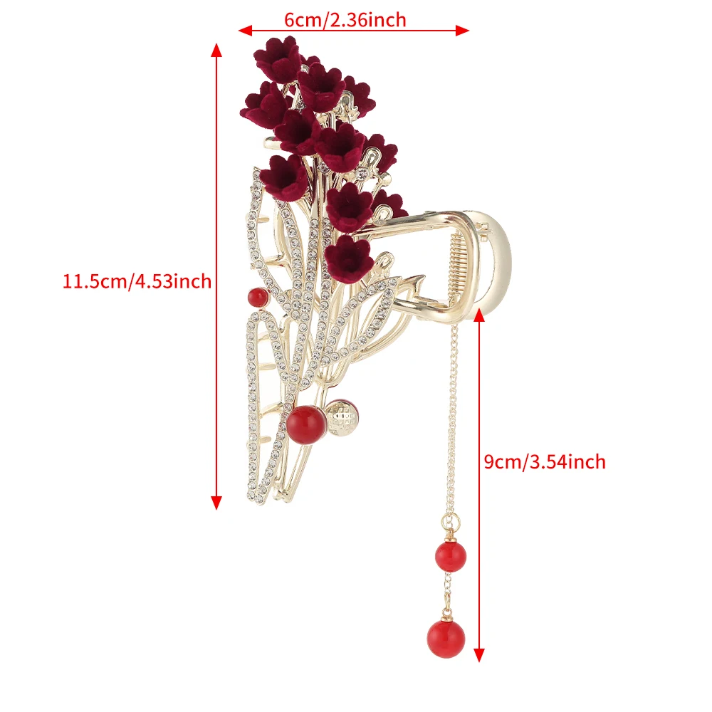 Red Flower Festival Hair Claw Hairpin Crab Tassel Rhinestone Wedding Hair Clip Women Ponytail Hairpin Headwear Hair Accessories