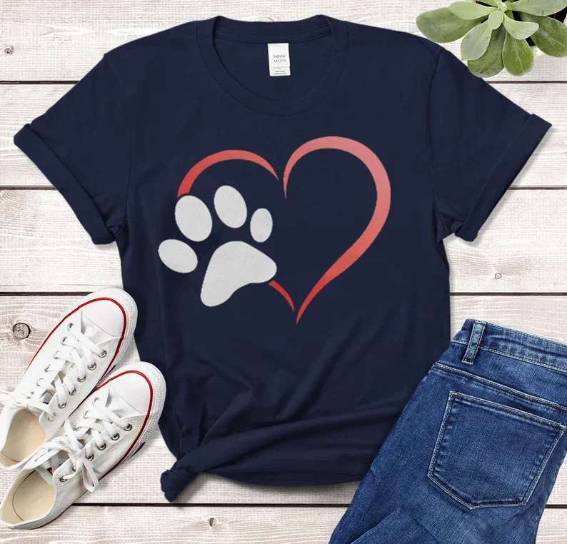 I Heart Love Dogs Cats Paw Print Unisex T Shirt Gift Dog Cat Lovers Short Sleeve Top Tees O Neck 100% Cotton Streetwear harajuku