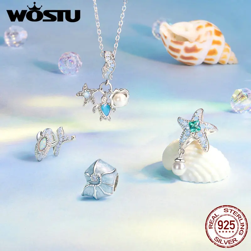 WOSTU 925 스털링 실버 블루 오션 매력 꿈꾸는 바다 동물 비즈 나노 오팔 쉘 진주 핏 DIY 팔찌, 어머니날 선물 