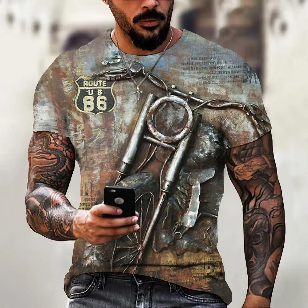 

T-shirt Men 3D Print Highway 66 Short Sleeve Vintage TShirt For Men Street Ride Biker Shirts Tops Oversized Tee Shirt