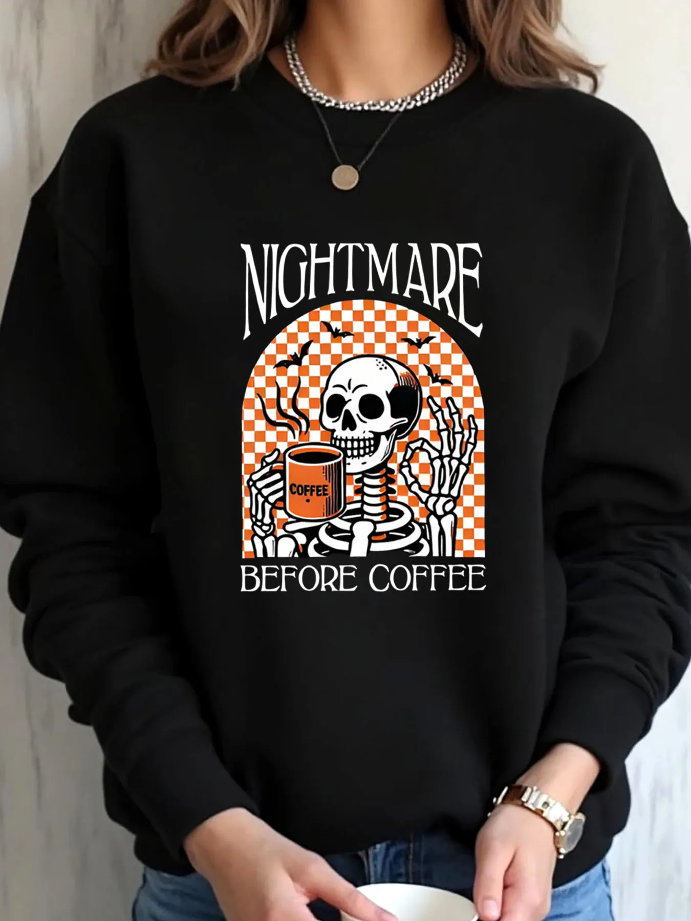 

Женская толстовка большого размера на Хэллоуин, скелет, кофейный принт, кошмарик перед кофе, уличная одежда