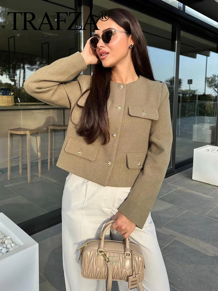 TRAFZA Women Elegant Solid Coat Button Long Sleeve Textured Round Neck Flip Pocket Short Jacket 2024 Female Office Outerwear