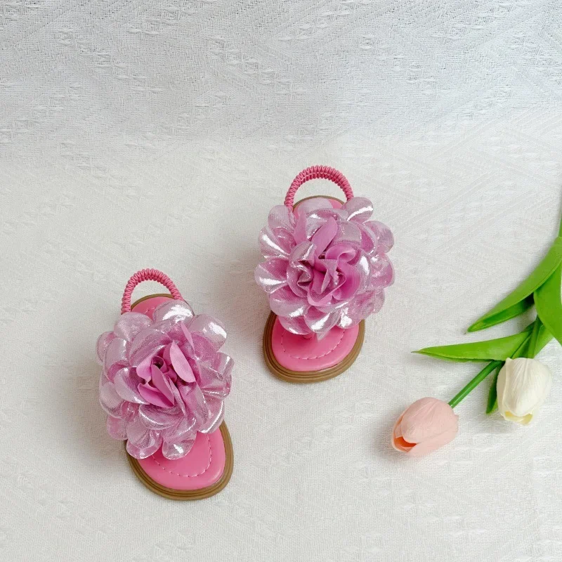 Fashion Girls Wedding Party Sandals Summer Children's Non-slip Clip-toe Sandals Elegant Flower Kids Causal Princess Flat Sandals