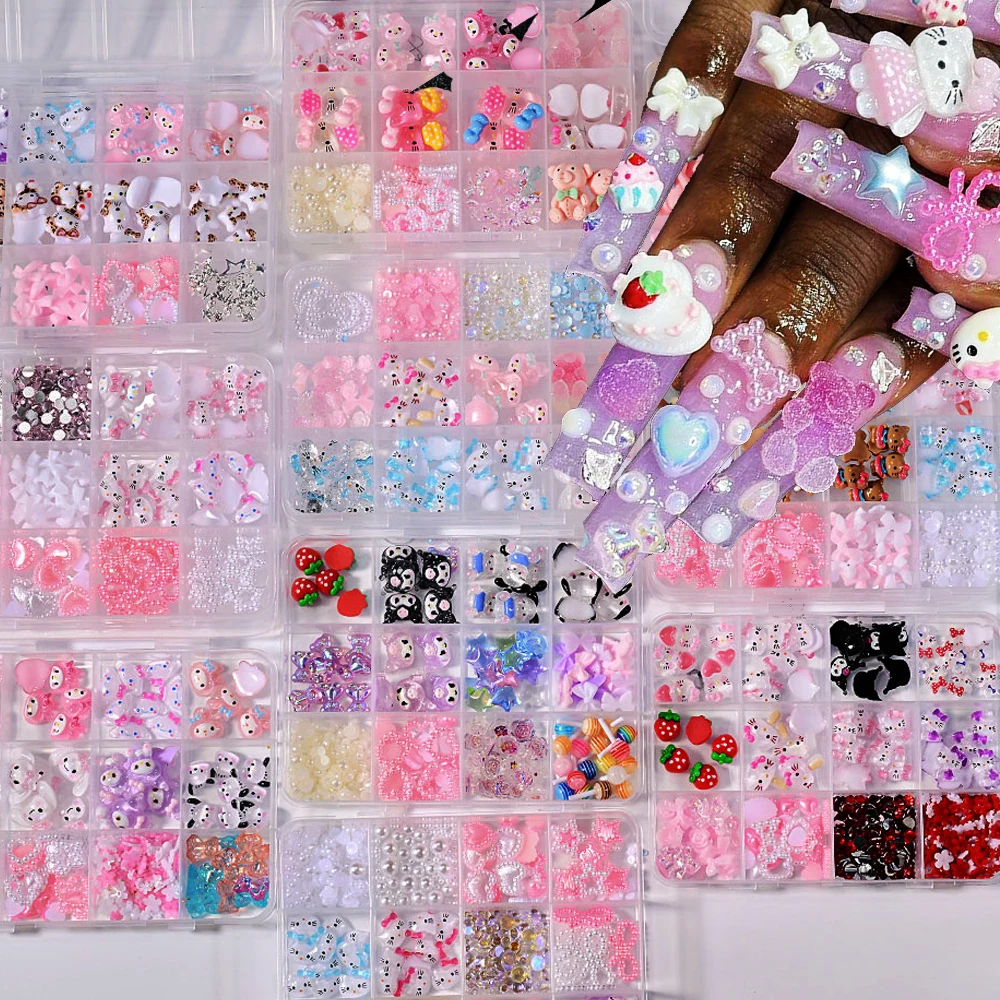 

# 2220. Весенняя коробка Sanrio 3D Hello Kitty, подвески для ногтей, смешанные мультяшные котенки/Kuromi/Melody, дизайн ногтей, сделай сам, Y2k, смоляные детали для ногтей Kitty