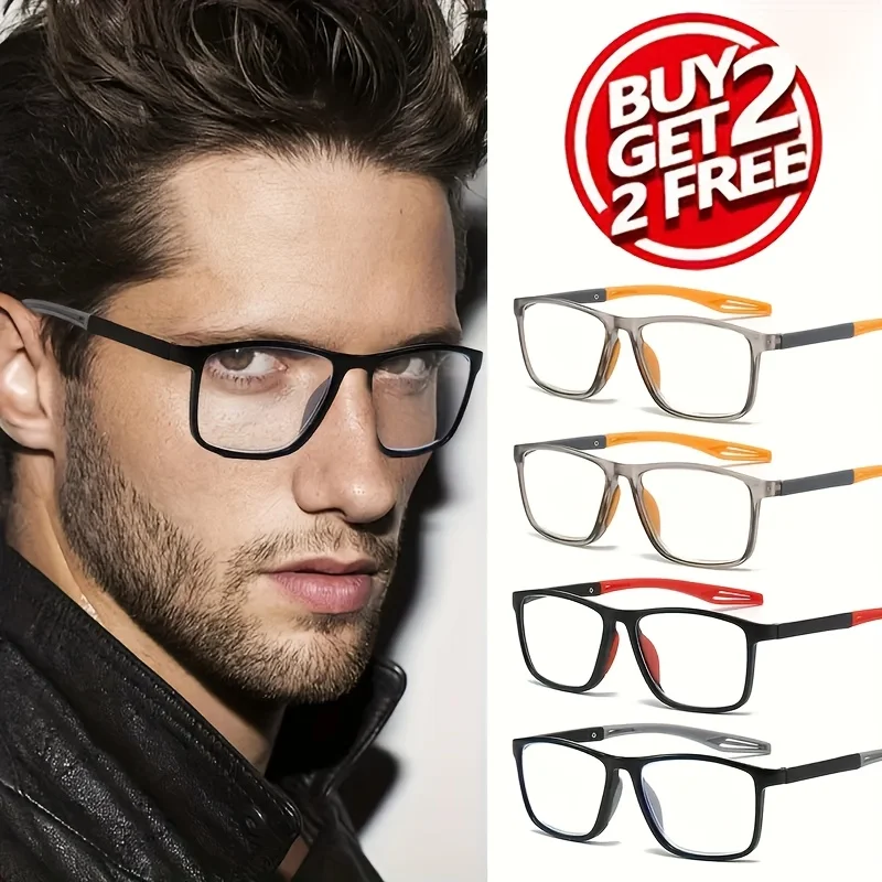 4 แพ็คชุดแฟชั่น TR90 แว่นตาอ่านหนังสือสําหรับชายฤดูใบไม้ผลิขากีฬาแว่นตาสายตายาว Anti Blue Light แว่นตา + 100 ~ + 400   ﻿