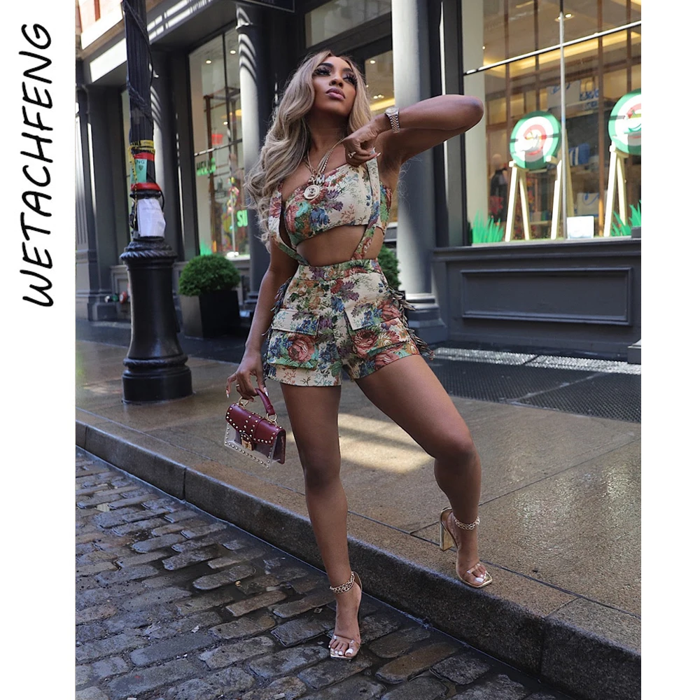 Streetwear Vintage Floral Printed French Court Strapless Fringe Suspender Women's Shorts Set Summer Two Piece Outfits Clothes