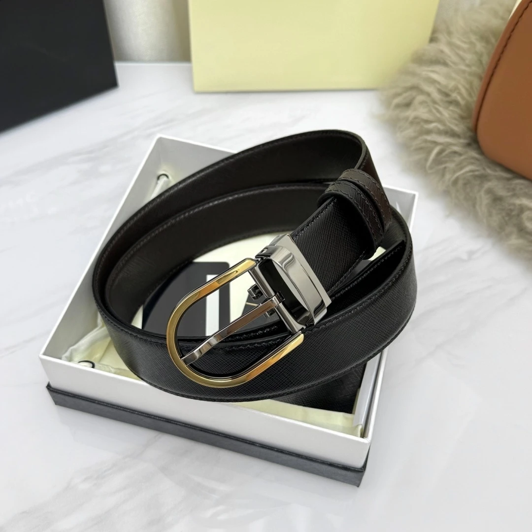Luxury Brand Men's Reversible Cross-Grain Belt Rotatable Oval Pin Buckle Black Brown Dual‑Sided Business Formal Waist Strap
