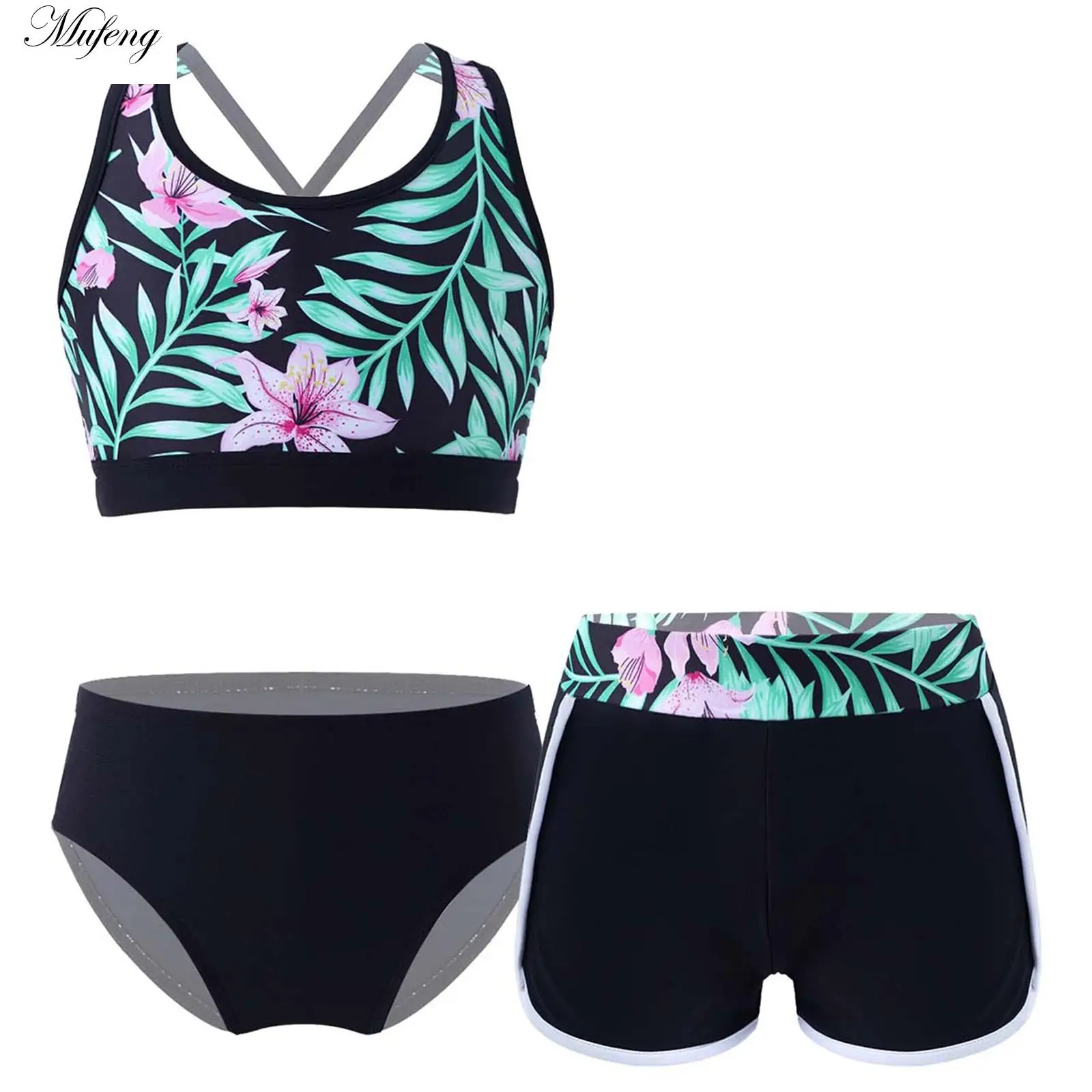 

Kids Girls Ballet Sets Gymnastics Workout Outfits Cross Straps Open Back Crop Tops with Shorts Dance Costume Sport Swimwear Suit