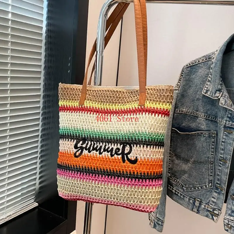 قوس قزح منسوج التطريز الشاطئ حقيبة تصميم قش كتف حقيبة يد العطلة للنساء العصري #2