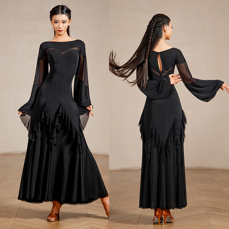 2025 Ballroom Dance Competition Clothing For Women Long Sleeved Lotus Leaf Edge Modern Dance Dress National Waltz Wear DQS21631