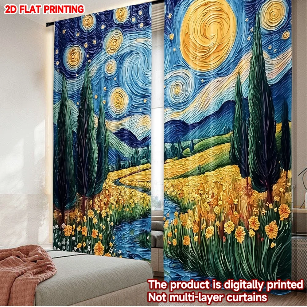 2D flat printing 2pcs Curtain Window Curtains Starry Night Over Meadow Digital Printed Polyester Drapes Party Decorations