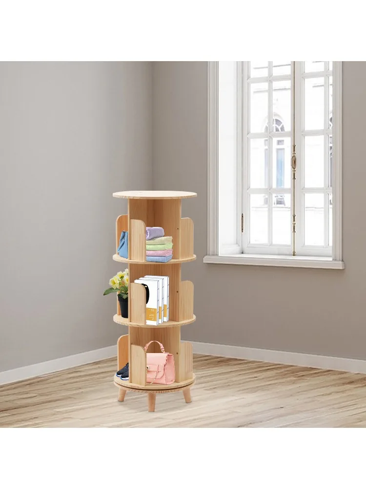 3 Tier Rotating Display Bookshelf 360 Display Floor Standing Pine Wood Bookcase