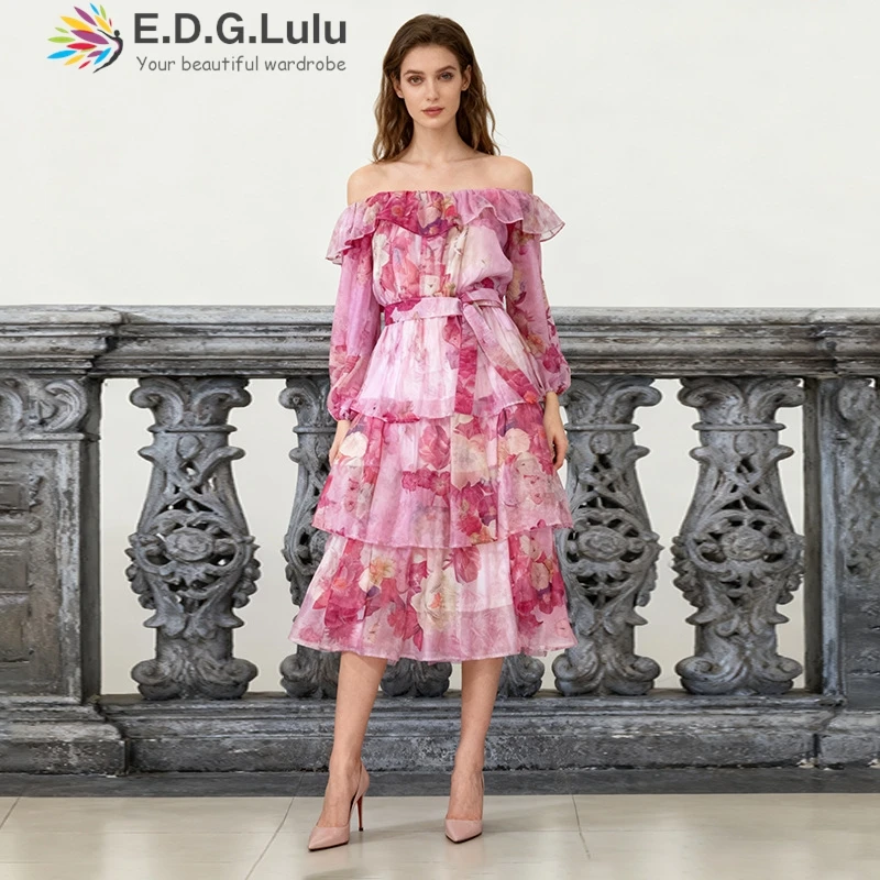 EDGLuLu Off Shoulder Long Sleeved Retro Floral Dresses 2025 Woman Beach Vacation Cascading Lotus Leaf Edge Long Dresses 1117