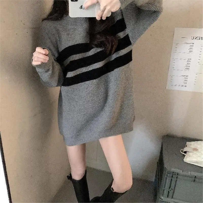 

plus Size 300 Pou Women's Knitted Sweater Medium Length Striped Lazy Sle Bot f Disappears Missing Pants Sweater