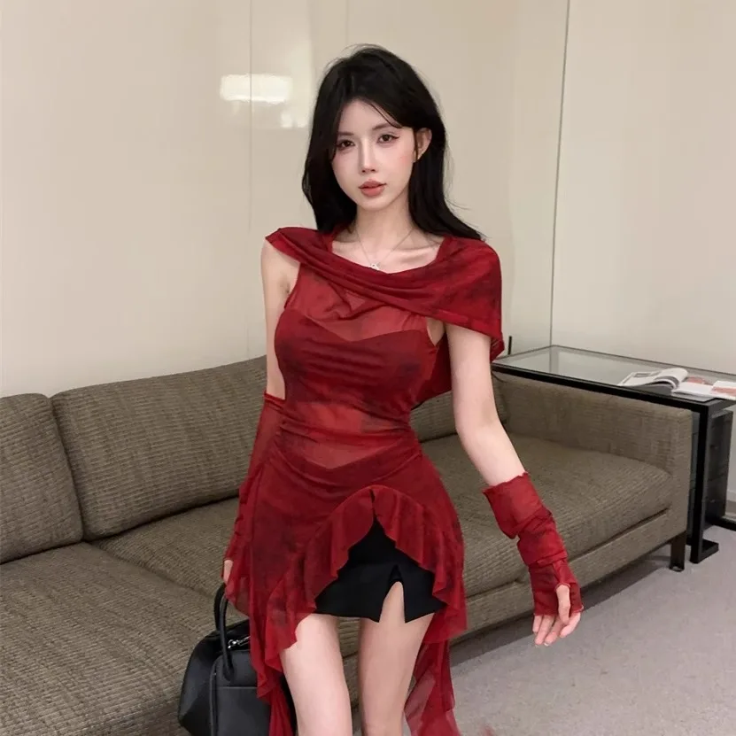 تي شيرت بقلنسوة شبكي أحمر شفاف من خلال ملابس الشارع الشهير غير منتظمة مكشكشة بأكمام طويلة ملابس نسائية مثيرة Y2k #5