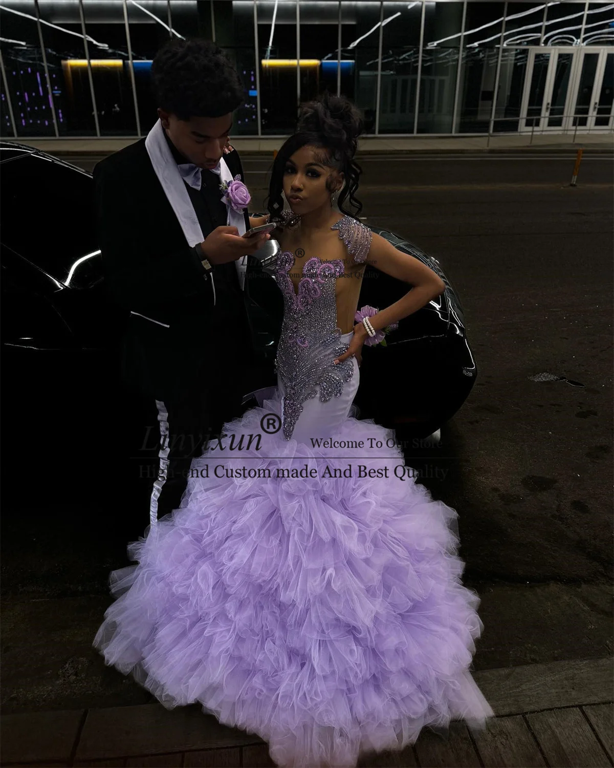 Elegant Long Prom Dress for Black Girls Beaded Rhinestones Ruffles Women Evening Party Gala Gown Luxury Purple Robe De Soiree