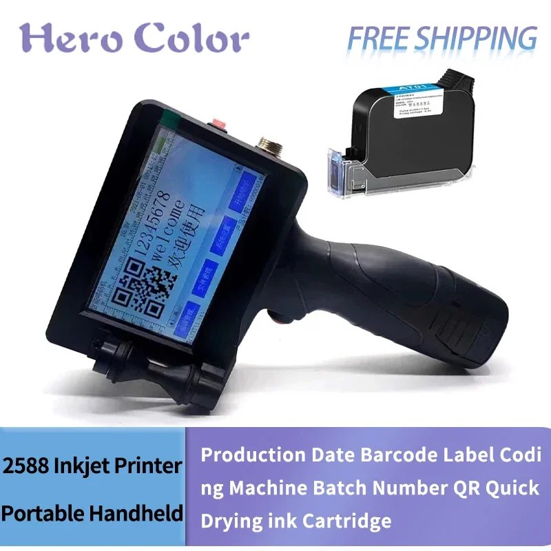 2588 + Portable Handheld Inkjet Printer Production Date Barcode Label Coding Machine Batch Number QR Quick Drying ink Cartridge