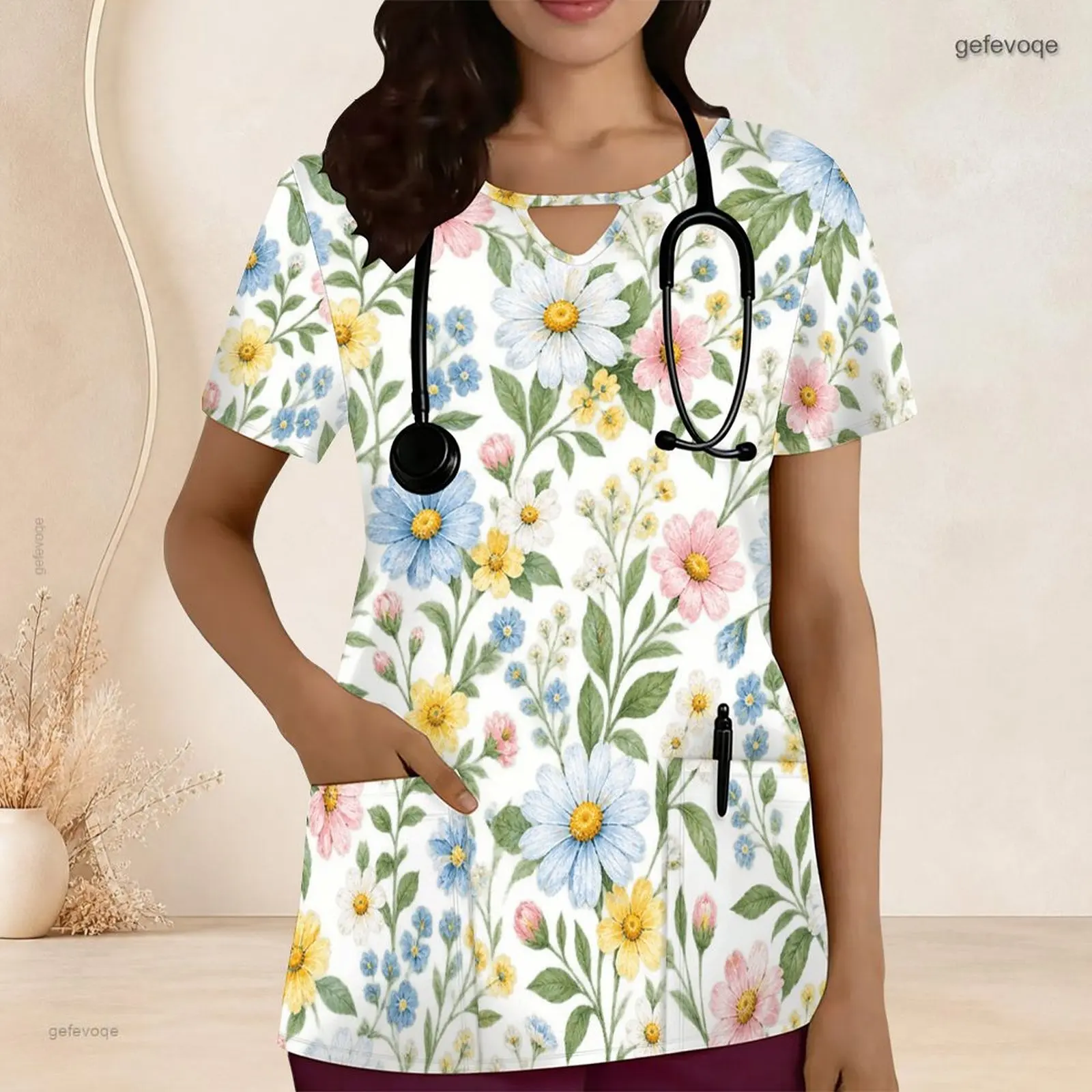 Women Blue Floral Green Leaf Printed Short Sleeve Keyhole Neck Medical Scrub Top with Front Pockets