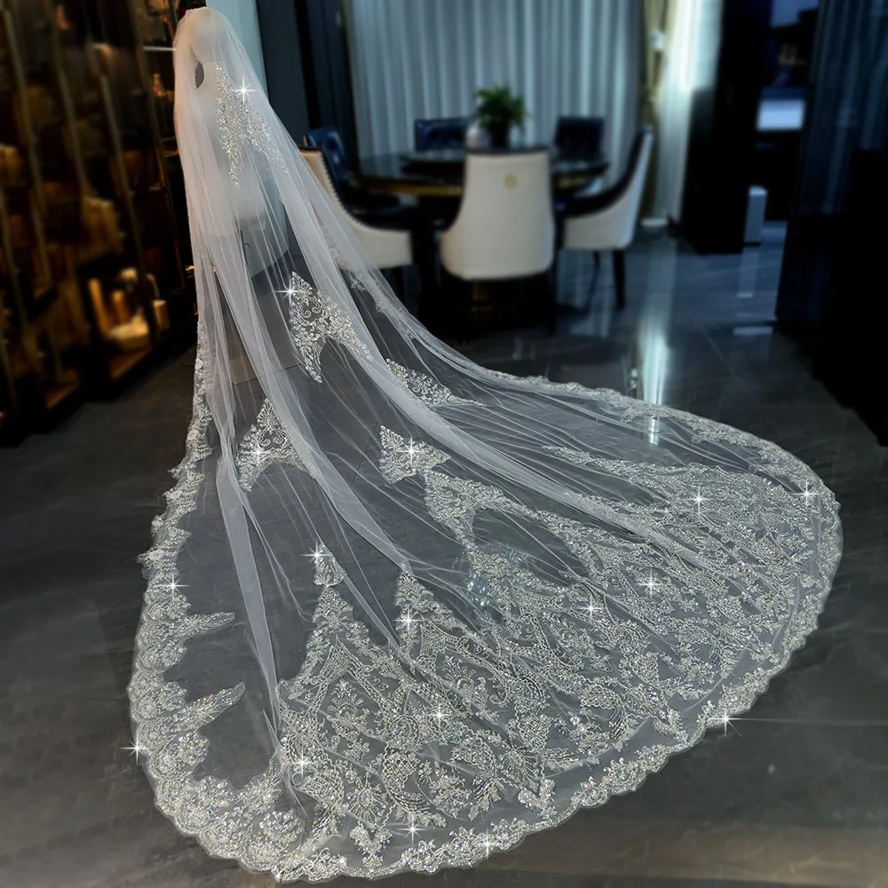 Exquisite Mantilla Wedding Veils with Comb Crystal with Applique Beads Long Cathedral Bridal Veils Real Pictures L&P DQL Studio image 5