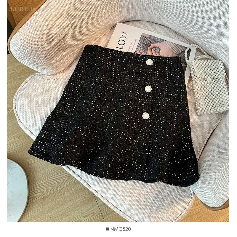 Tweed Sequins Mini Skirts Ruffles Solid Autumn Winter Elegant Woman Skirt Korean Fashion Versatile Sweet Faldas Mujer