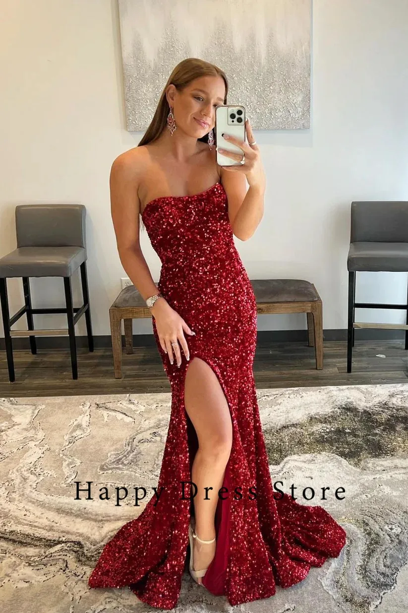 

2024 Fashion Sexy Modern Prom Dresses For Women Mermaid Slide Split Strapless Sequined Custom Evening Party Birthday Dresses