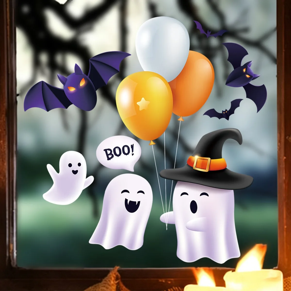 Halloween Cute Static Sticker Ghost Bat Balloon Decals Window Glass Stickers for Home Party Decor Adorable Spooky