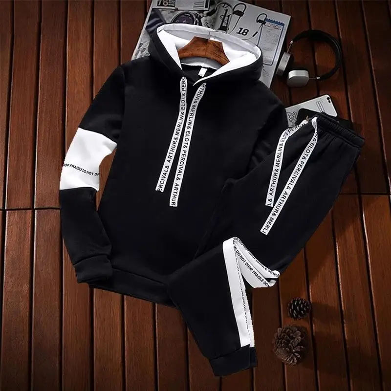 Spring Autumn Fashion Trend Two-Piece Men\'s Casual Comfortable Large Size Sports Suit Black White Set Tracksuit