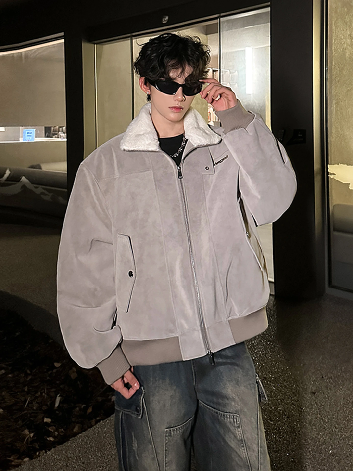 الرجال Thiened الشتاء Jaet الفراء طوق الجلود والفراء الدقيقة بدوره إلى أسفل طوق ملابس العمل القطن الراقية الأمريكية Sle...