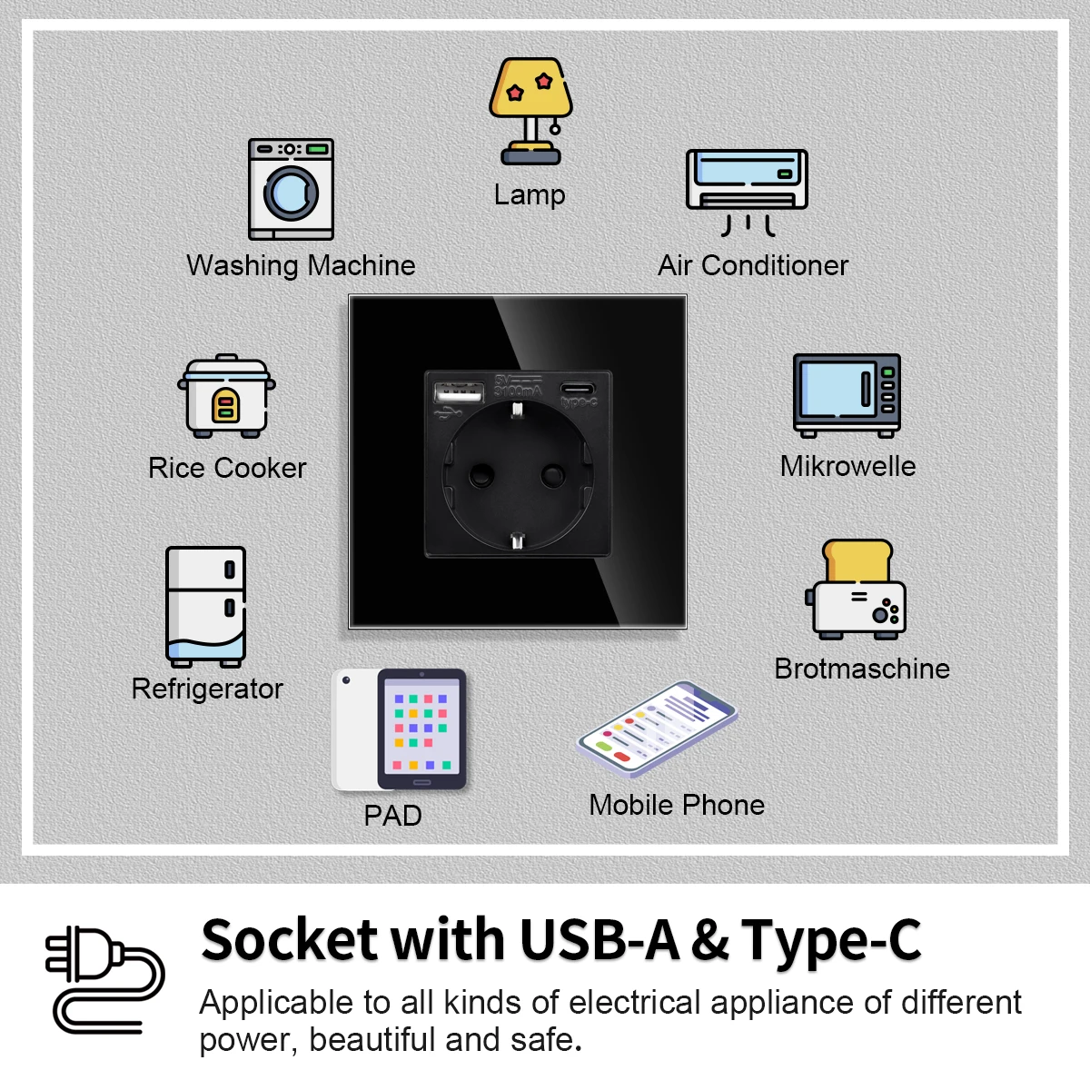 Touchmi EU Standard Wall Socket with USB Type-c TV Network CAT6 Interfaces Glass Light Switch USB Sockets Electric Outlets 16A