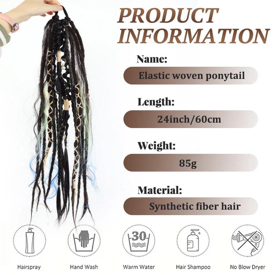 Bohemian Style Dirty Ponytail With Beads Woven Synthetic Ponytail Headband Suitable for Women's Holiday Party Role-playing