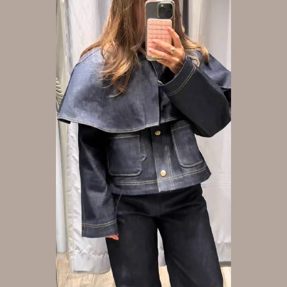 2025 Autunno Inverno New Vintage Giacca a maniche lunghe in denim blu scuro da donna Top versatile casual multitasche allentato