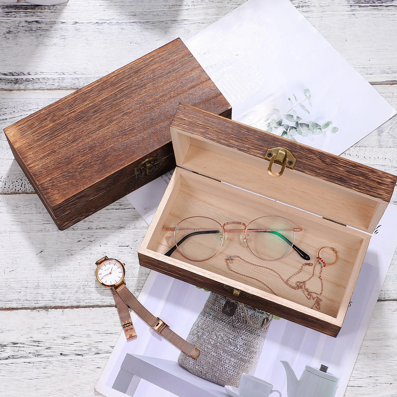 

2Pcs Vintage Wooden Storage Box Rectangular Distressed Solid Wood Lid Trinket Keepsake Organizer Chest Wooden Trinket Box