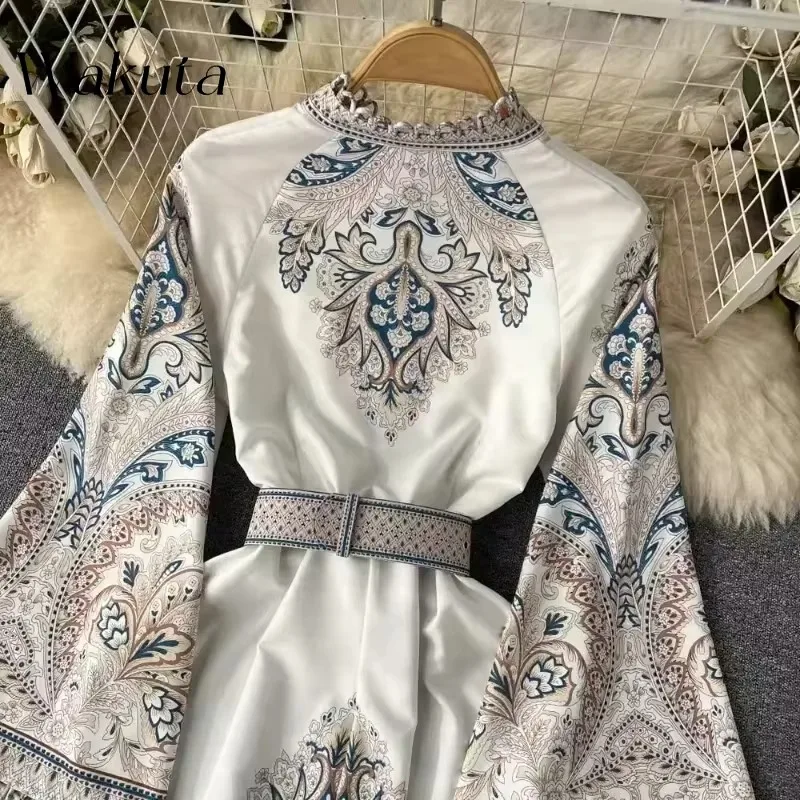 WAKUTA rus vintage kolo krk plápolající rukáv potištěné šaty po jednom breasted pás lem nepravidelný plisované vestidos elegante mujer