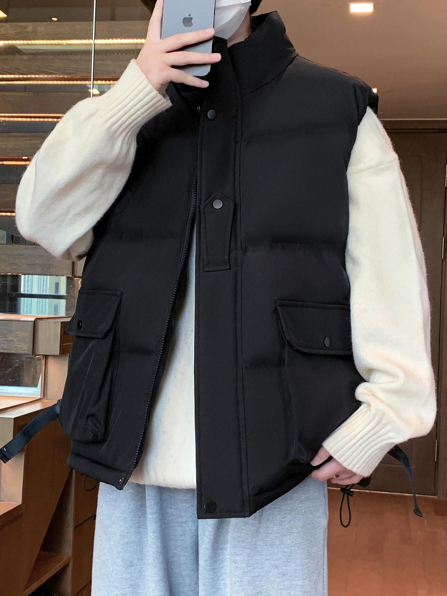 

Autumn Winter Loose Fit Stand Collar down Vest Men's Youth Outerwear Faion Sport Warm Japanese Sle Svel Jaet