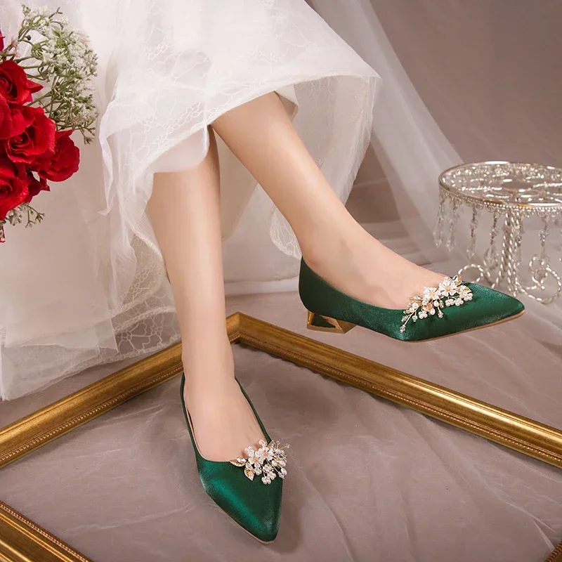 Flowers Pointed Toe Pumps for Women\'s 2024 New Green Silk Low Heels Shoes Woman Slip on Thin Heeled Lady Shoes Green Party Shoes