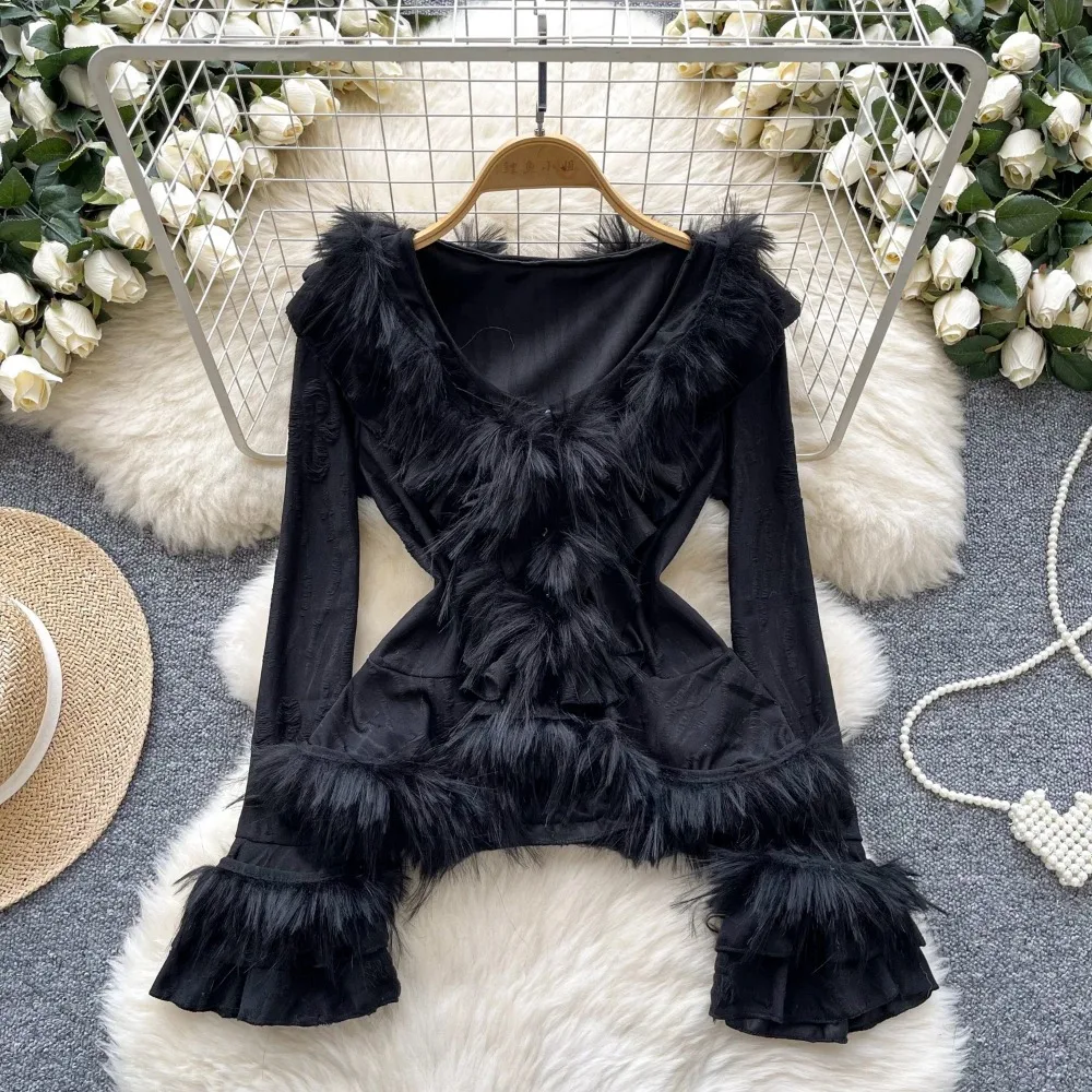 Vintage Distressed Hole Basics Flare Sleeve Slim Feather Spliced Top French Streetwear Women High Street Autumn Winter Clothing